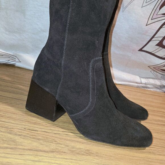 BLONDO TESSA Sz 8 Black Suede Waterproof Side Zipper Block Heel Chic Tall Boots - Picture 2 of 11